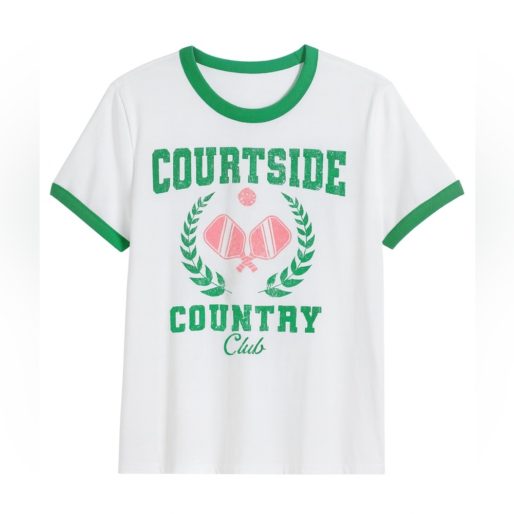 Freeze Preppy Pickleball Courtside Champion Ringer Tee in Pink and Green